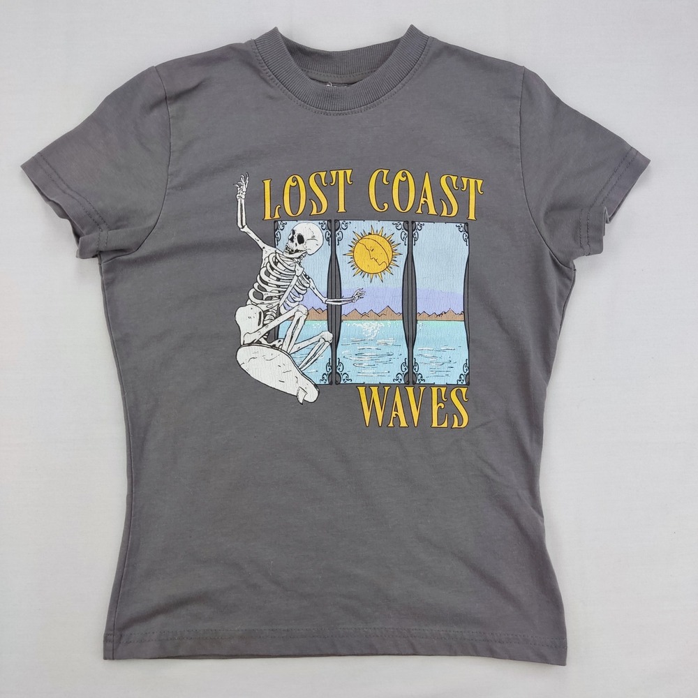 Daisy Street T-Shirt Womens XS Grey Lost Coast Waves Skeleton Surf Graphic Tee